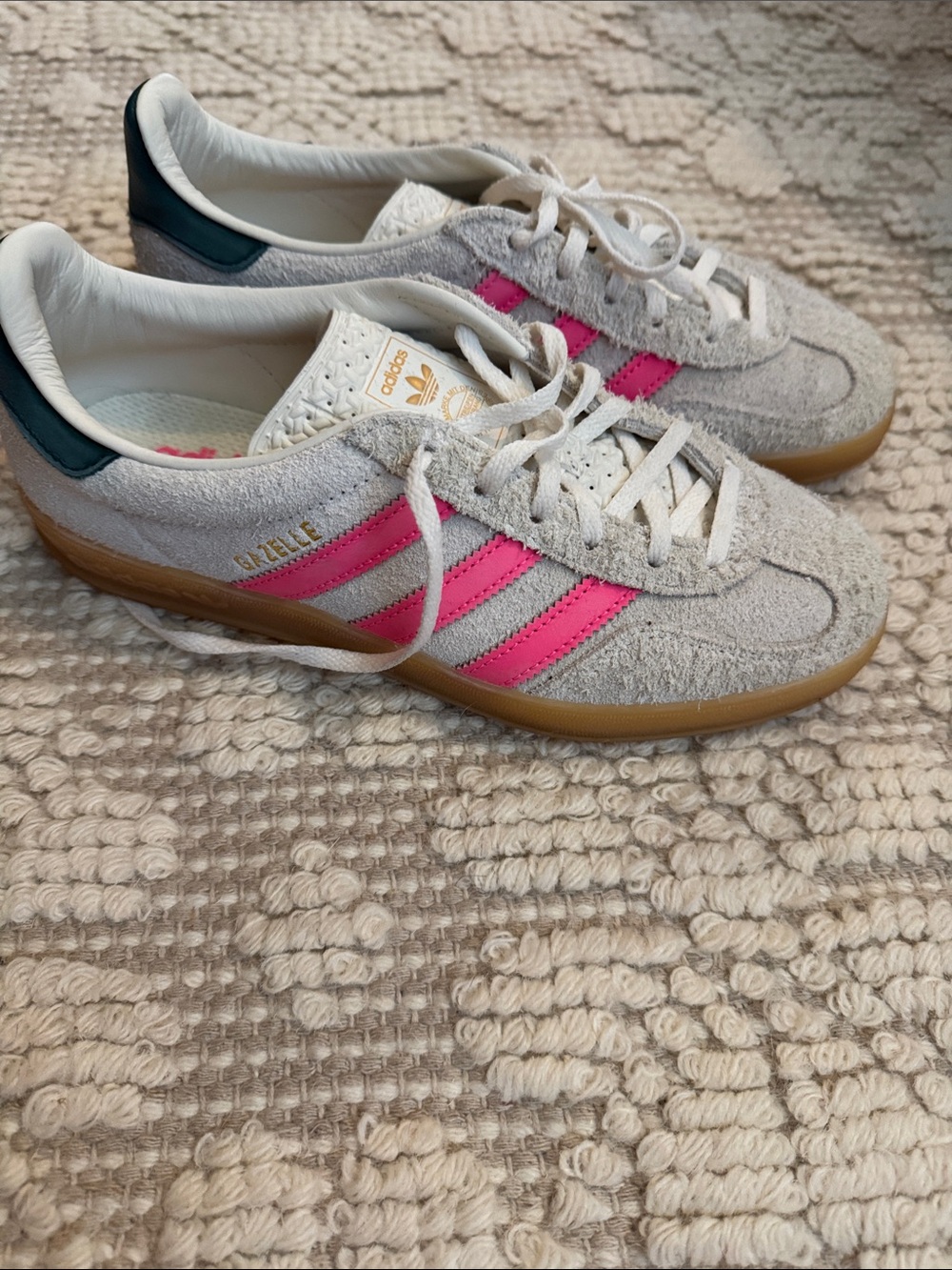 adidas Gazelle Suede Sneakers in Light Gray with Pink Stripes